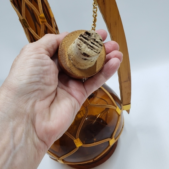 Vintage Carafe Bottle Hand Made Brown Amber  Glass Wicker Boho - Picture 10 of 16